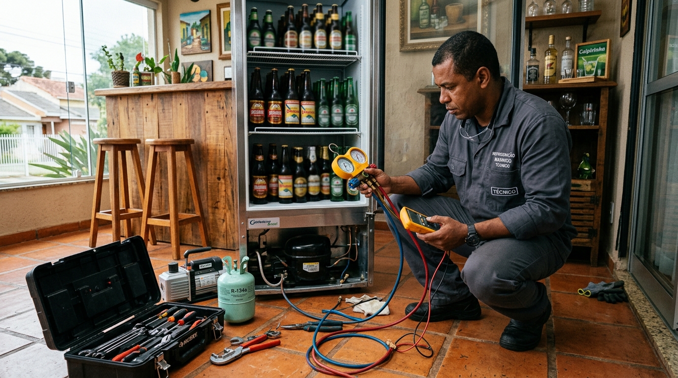 Profissional executando reparo no motor de cervejeira em Teresina‑PI